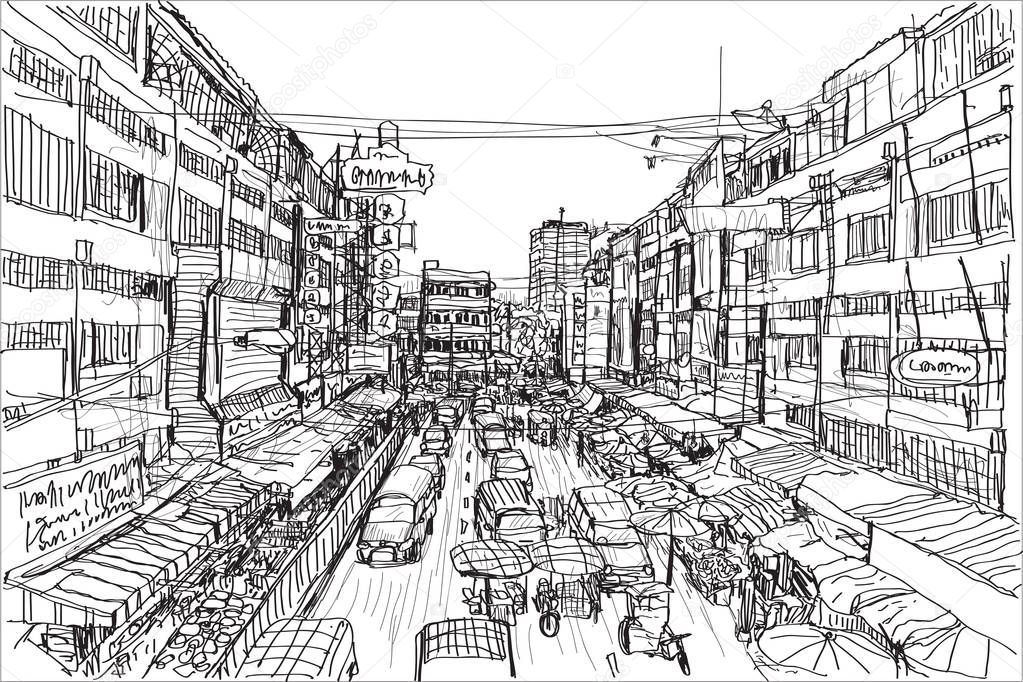 sketch Thai local market place in Chiangmai, free hand draw vector illustration