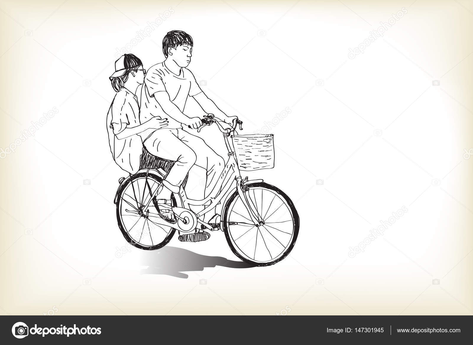 Jazda Rower Touring Chłopiec Dziewczynka Rysunek Odręczny