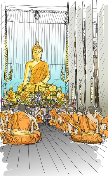 Buddhistische Mönche beten am Tempel in Chiangmai, Thailand, Skizze — Stockvektor