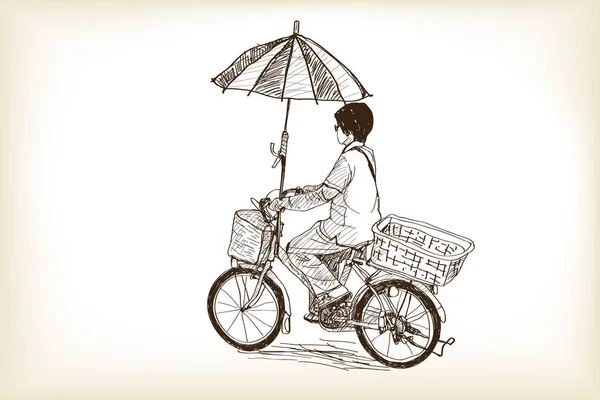 一个女孩骑自行车到市场和适应在自行车上的雨伞 — 图库矢量图片