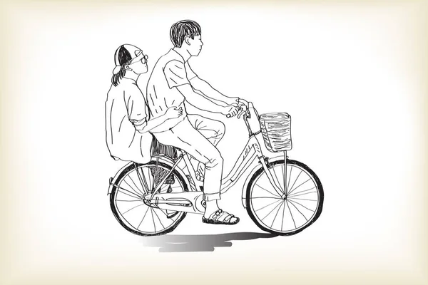 Riding bicycle touring boy an girl, free hand drawing, vector — Stock Vector