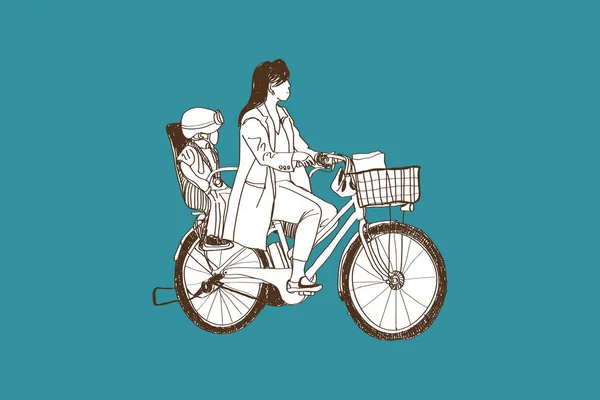 骑自行车妈妈和男孩、 自由手绘，矢量 — 图库矢量图片