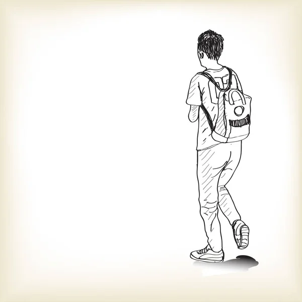 Načrtněte chlapec chůzi s batohem do školy, kreslení volnou rukou — Stockový vektor