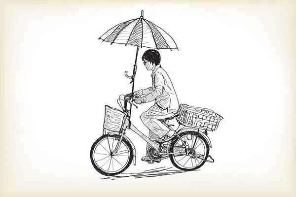 Une fille faisant du vélo au marché et adaptant le parapluie à vélo — Image vectorielle