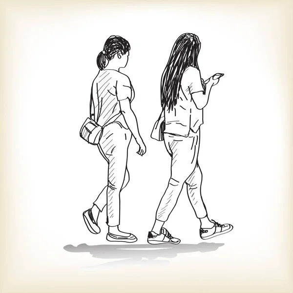 Croquis de filles marchant touchant tablette, hnd dessiné — Image vectorielle