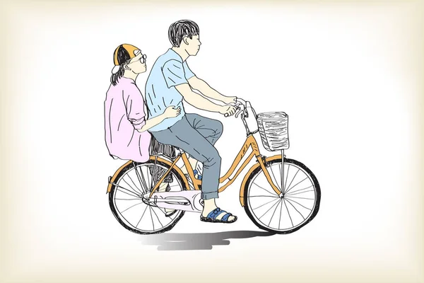 Fahrrad fahren Junge und Mädchen Freihand zeichnen — Stockvektor