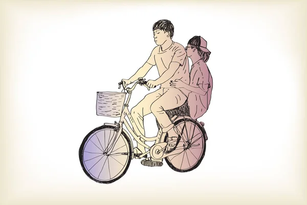 Équitation vélo garçon une fille dessin à la main libre , — Image vectorielle