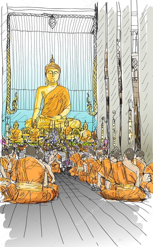 buddhist monks praying at temple in Chiangmai, Thailand, sketch 