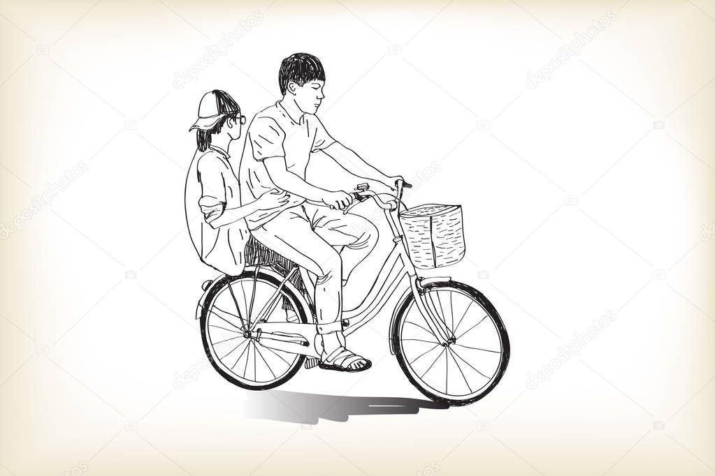 riding bicycle touring boy an girl, free hand drawing, vector 