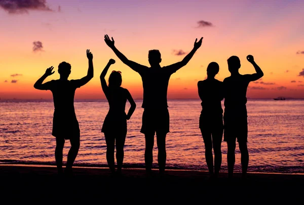 Silueta de personas disfrutando de la puesta del sol — Foto de Stock