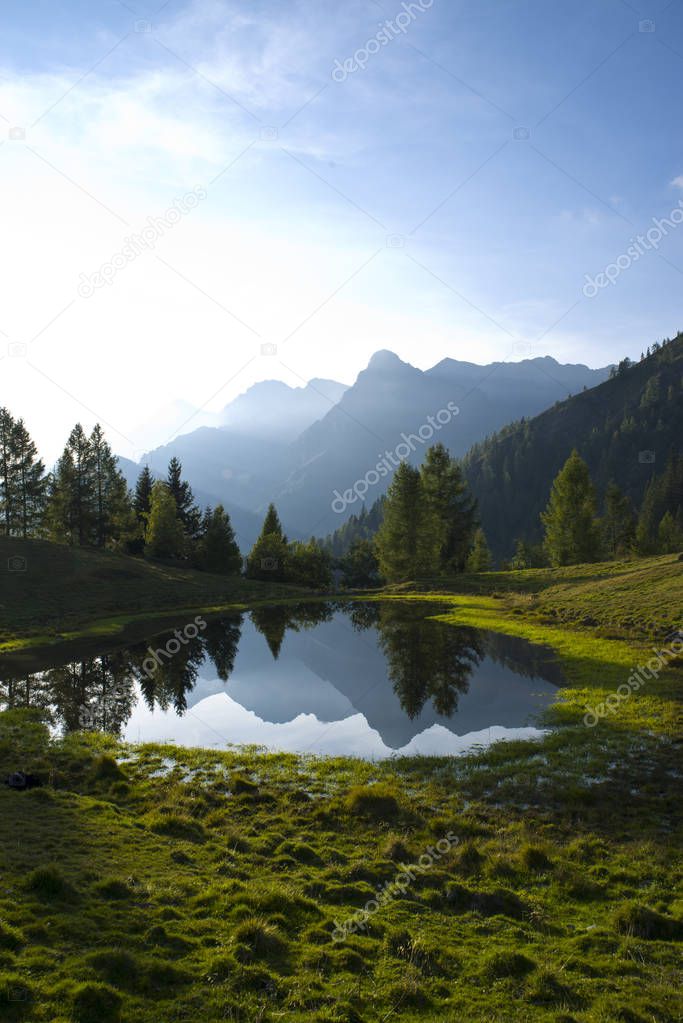 Lake with mountain forest landscape