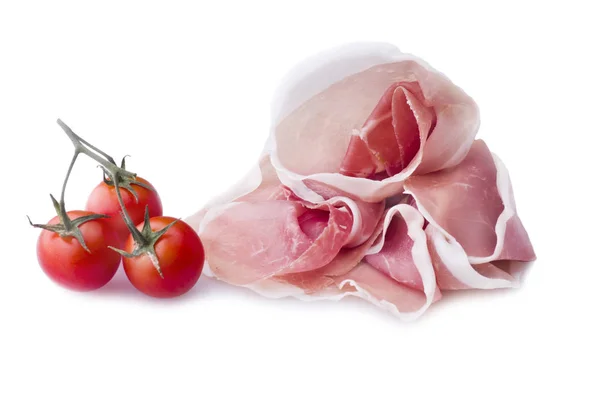 Perna Presunto Crua Fatiada Com Três Tomates — Fotografia de Stock