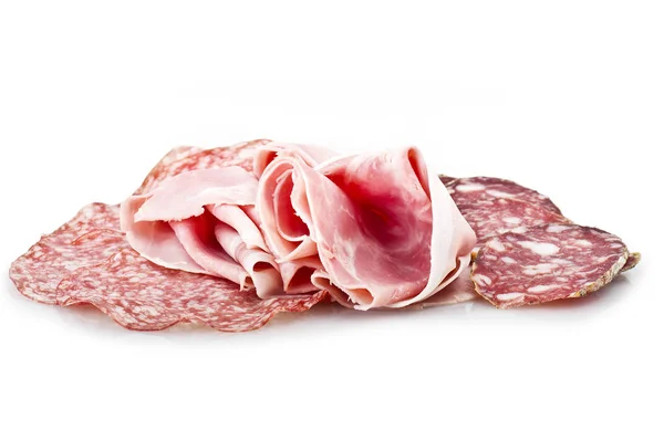Mischung Aus Verschiedenen Italienischen Salami Auf Weiß — Stockfoto