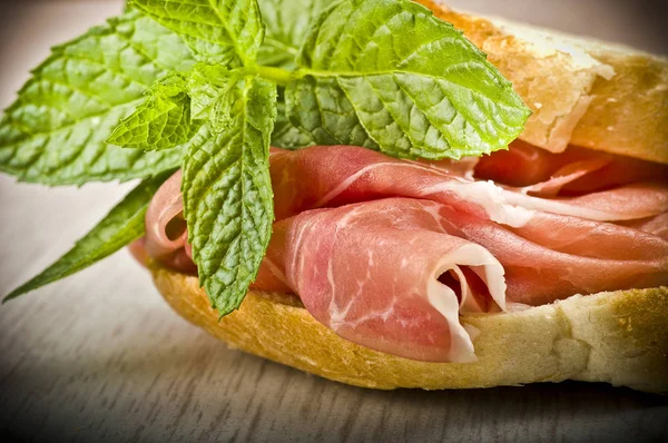 Sandwich Italian Prosciutto Crudo Raw Ham Leg Sliced — Stock Photo, Image
