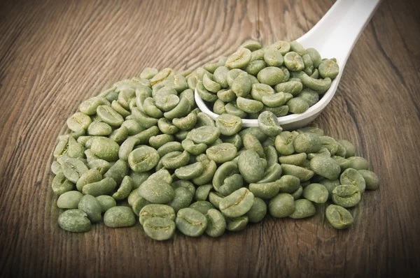 Spoon Green Coffee Beans Wood — Stock Photo, Image