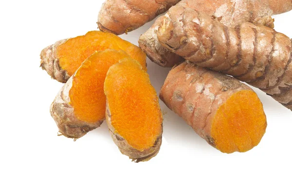 Radice Curcuma Alcune Fette Sfondo Bianco — Foto Stock