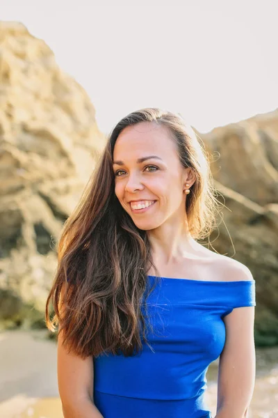 stock image Beautiful young girl in blue dress