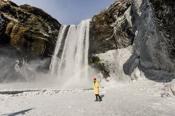 Молодий Вродливий Чоловік Стоїть Біля Водоспаду Ісландії — стокове фото