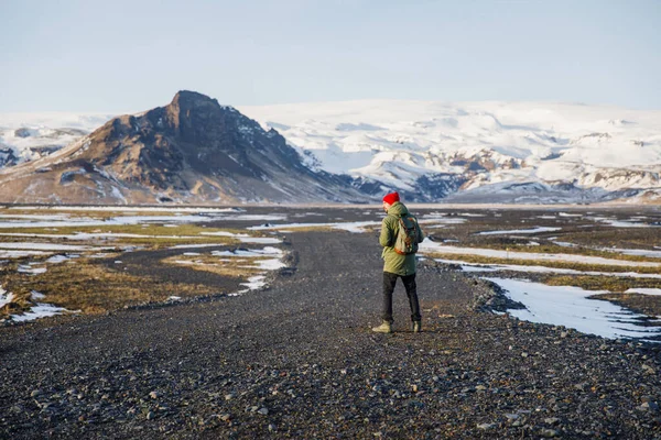 Happy Tourist Man Enjoying His Walk Black Land Iceland — Stock Photo, Image