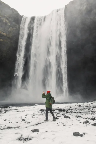 Young Handsome Man Standing Waterfall Iceland Mountains Background — 스톡 사진