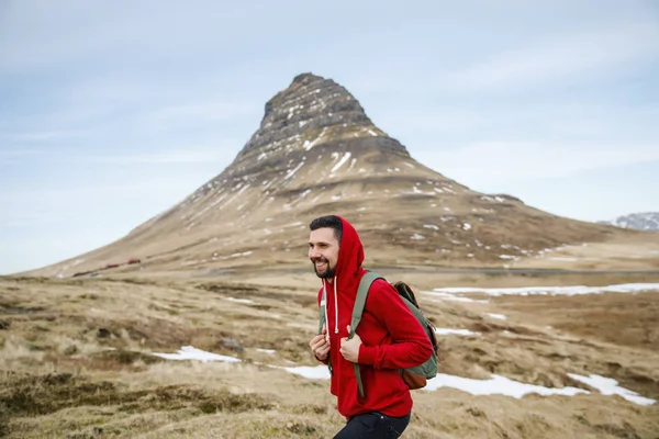 Handsome Young Man Walking Grass Field Front Iceland Mountains — Stock Photo, Image