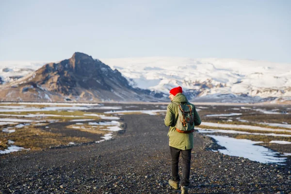 Happy Tourist Man Enjoying His Walk Black Land Iceland — Stock Photo, Image