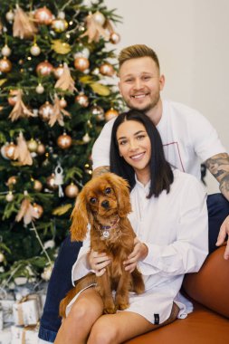 Beyaz elbiseli genç bir çift dairelerinde küçük bir köpekle eğleniyorlar.