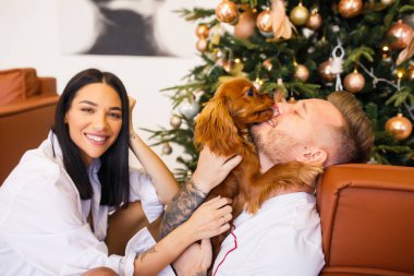 Beyaz elbiseli genç bir çift dairelerinde küçük bir köpekle eğleniyorlar.