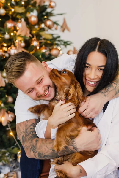 Jeune Beau Couple Vêtements Blancs Amuser Avec Petit Chien Dans — Photo