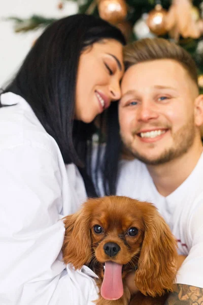 Jeune Beau Couple Vêtements Blancs Amuser Avec Petit Chien Dans — Photo