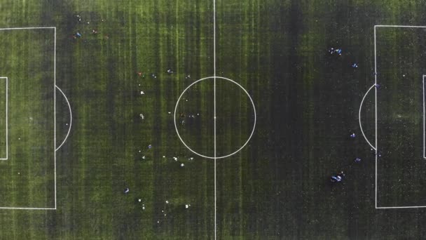 選手が訓練するサッカー場の空中風景 — ストック動画