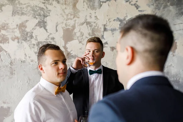 Three Men White Shirt Drink Whiskey Glasses Loft Apartment — Stock Photo, Image