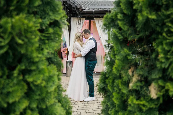 Gyönyörű Boho Stílusú Esküvői Szertartás Menyasszony Egy Gyönyörű Ruhában Vőlegény — Stock Fotó
