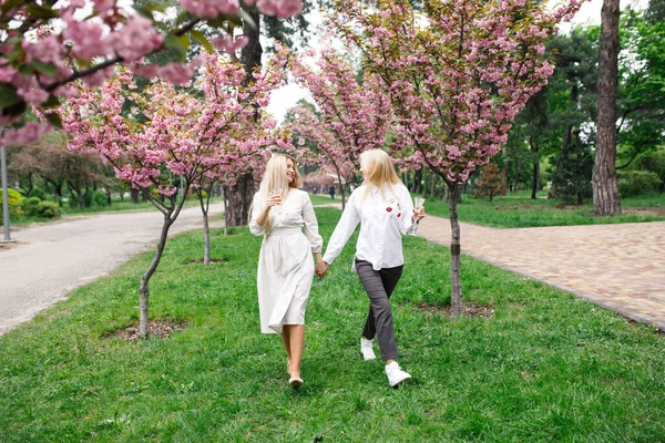 Piękne Lesbijskie Kilka Dziewczyny Blondynki Spacer Parku Pobliżu Sakura Drzew — Zdjęcie stockowe