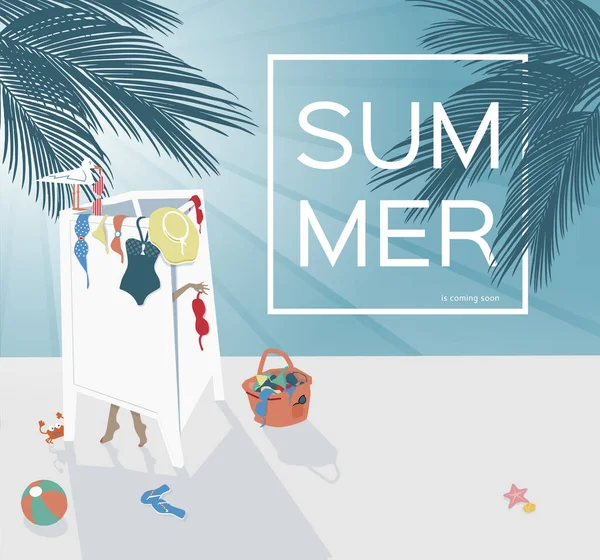 Image vectorielle d'une plage avec des branches de palmiers au bord de la mer. La fille habille un maillot de bain. Coucher de soleil sur la plage. Contexte d'été . — Image vectorielle