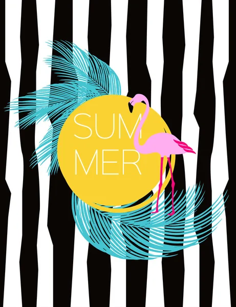 Sommervektorkarte. Flamingo und Palmblätter. Hintergrund zur Illustration. — Stockvektor