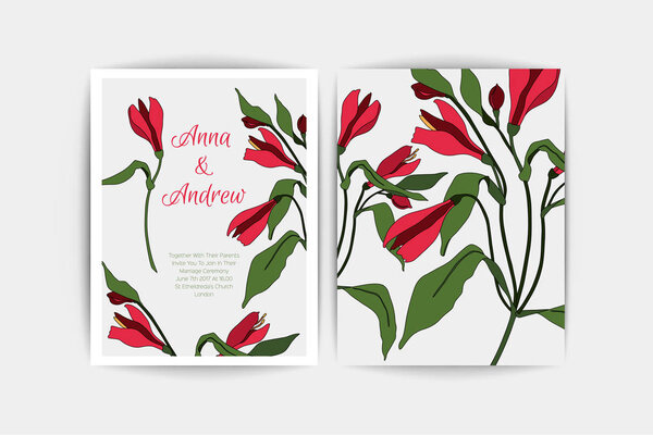 Alstroemeria wedding invitation card. Vector composition of pink flowers illustration. Save the date. Floral alstromeria background.