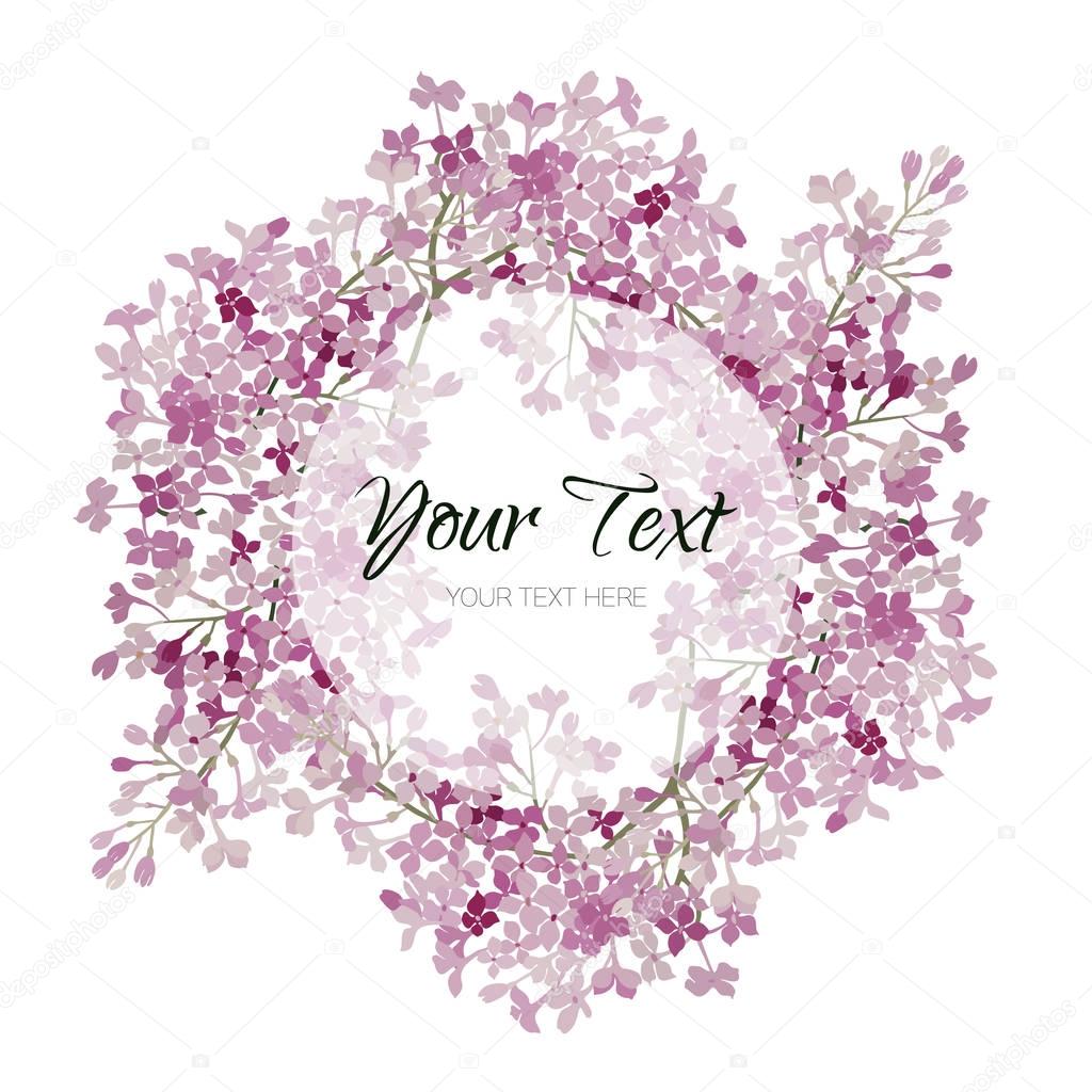 Vintage watercolor vector floral card with lilac. Romantic wedding background with round frame. Natural design.