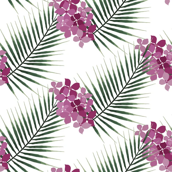 Безшовний візерунок з екзотичної пальми і рожевої квітки. Зелене листя на білому тлі. Тропічний лист . — стоковий вектор