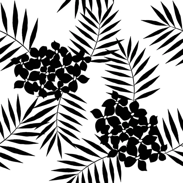 이국적인 야자수의 완벽 한 패턴입니다. 흰색 바탕에 검은 잎. 열 대 정글 잎과 꽃 — 스톡 벡터