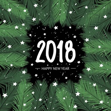 Vektör köknar çerçevelemek--dan yeni yıl tatil 2018. Kar ve yıldızlar arka plan. El yapımı kart yazı, afiş.