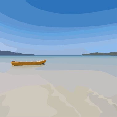 Deniz Manzaralı. Cennet deniz ve mavi gökyüzü görünümü. Okyanusta yalnız sarı tekne. Turist poster.