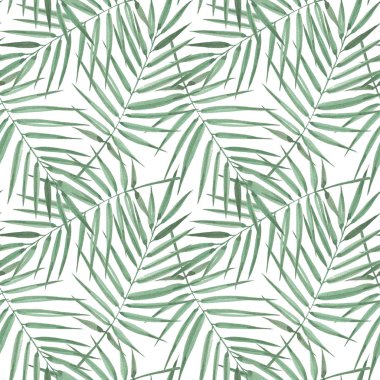 Egzotik palmiye ağaçlarının kusursuz deseni. Beyaz arka planda suluboya yeşil yapraklar. Tropikal yaprak.
