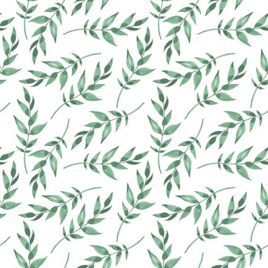 Yeşil ağaçların kusursuz deseni. Beyaz arkaplanda suluboya yeşil yapraklar.
