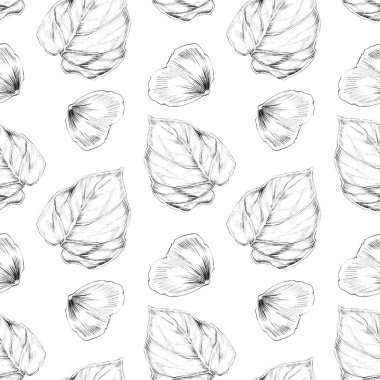 El 'in kusursuz deseni siyah çizgi yaprakları çiziyor. Arkaplan tasarımı.