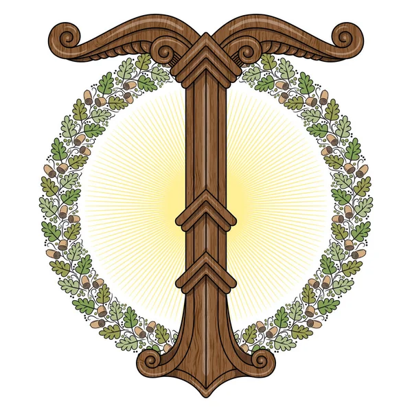 Irminsul, Yggdrasil. Árbol sagrado o tronco de árbol Sajones, dedicado al dios Irmin, el principal objeto de veneración al norte germánico — Vector de stock