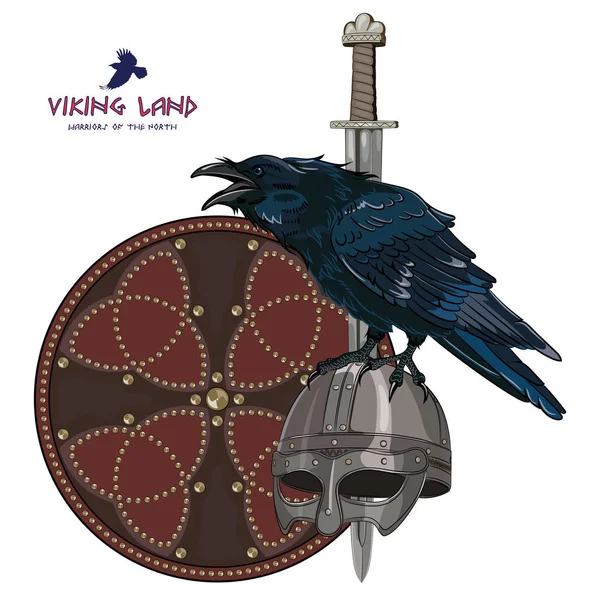Diseño con espada nórdica, escudo, casco vikingo y sentado en él Raven — Archivo Imágenes Vectoriales