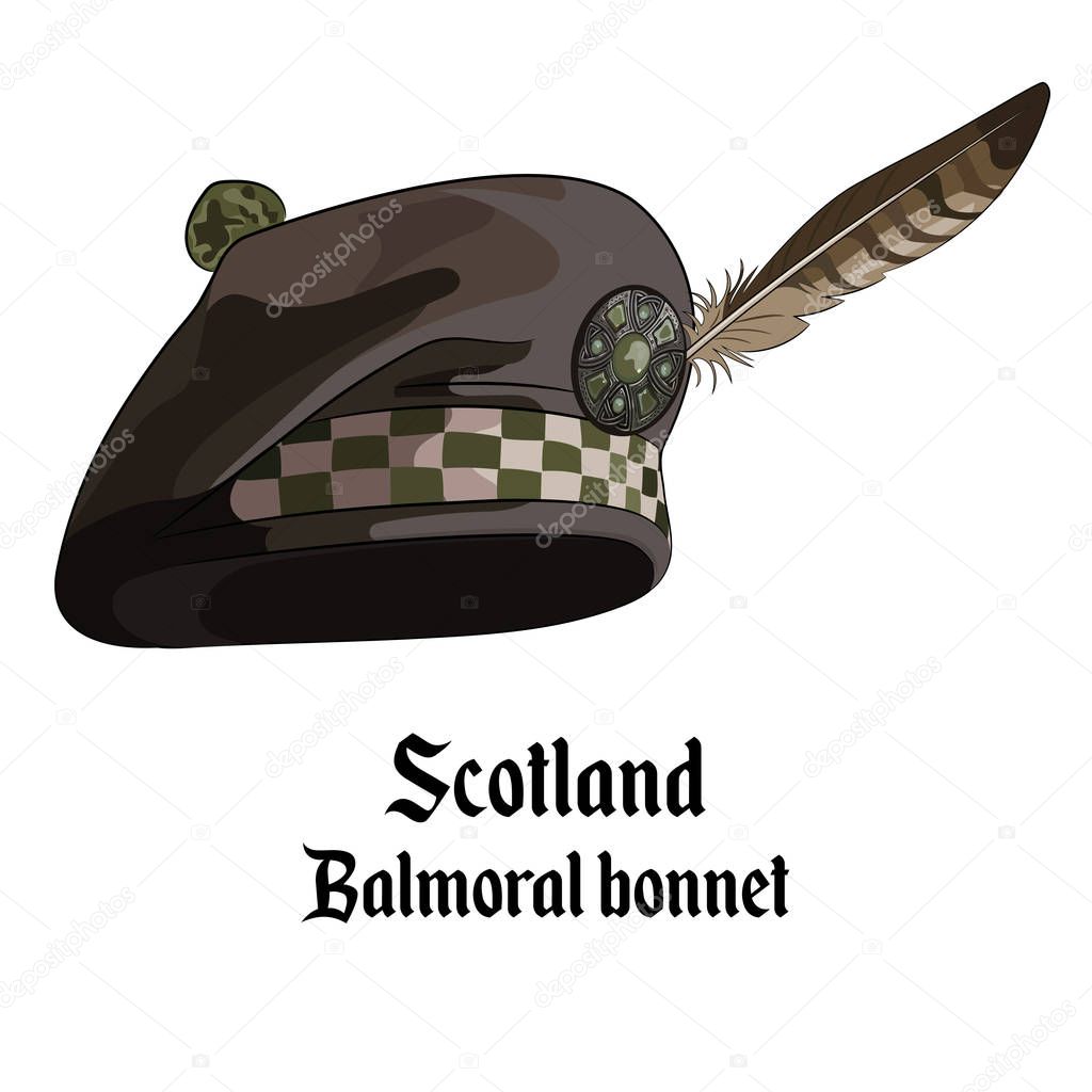 Scottish bonnet with pompon embellished with a brooch and feather Falcon, balmoral bonnet