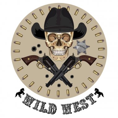 Skull and two crossed gun, Wild West design clipart