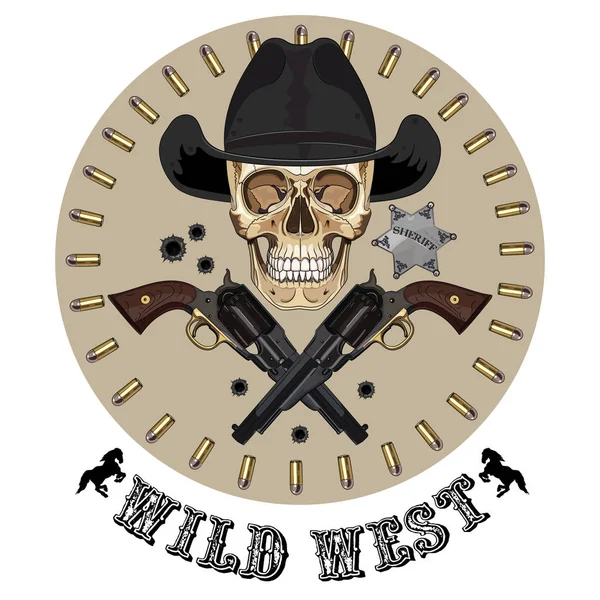 Skull and two crossed gun, Wild West design — Stock Vector